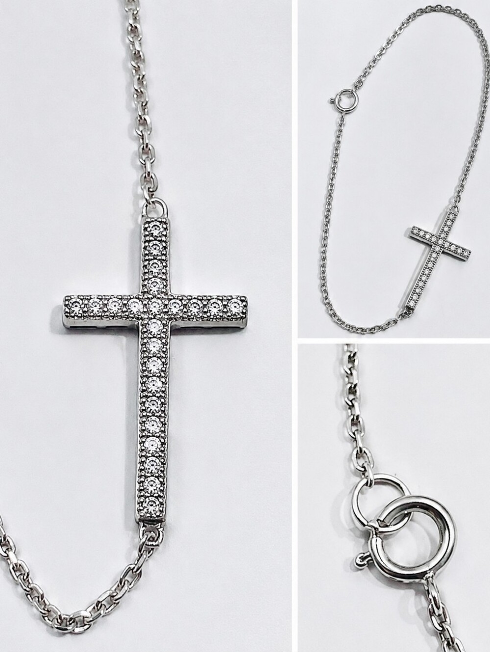 Silver Tone CZ Cross Bracelet 8"